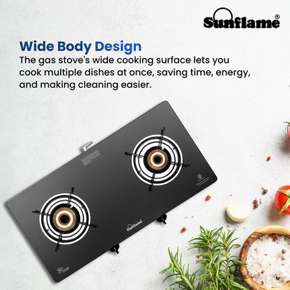 Crystal 2 Burner Gas Stove | Auto Ignition| 1 Medium and 1 Small Brass Burners |Toughened Glass Top | Blac