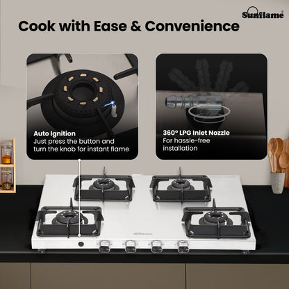 Sunflame 4 Burner Ultra-slim Stainless Steel Gas Stove 72 cm | Forged Brass Burners | 5-Year Warranty on Burners, SS Body & Valve by Sunflame | Auto Ignition | Pan Support with Flame Guard