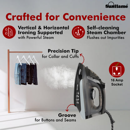 Steam Iron 1600 W with German Weilburger Non-Stick Coating | Large 220 ml Water Tank | High Steaming Rate I Self Cleaning Function | Vertical and Horizontal Ironing