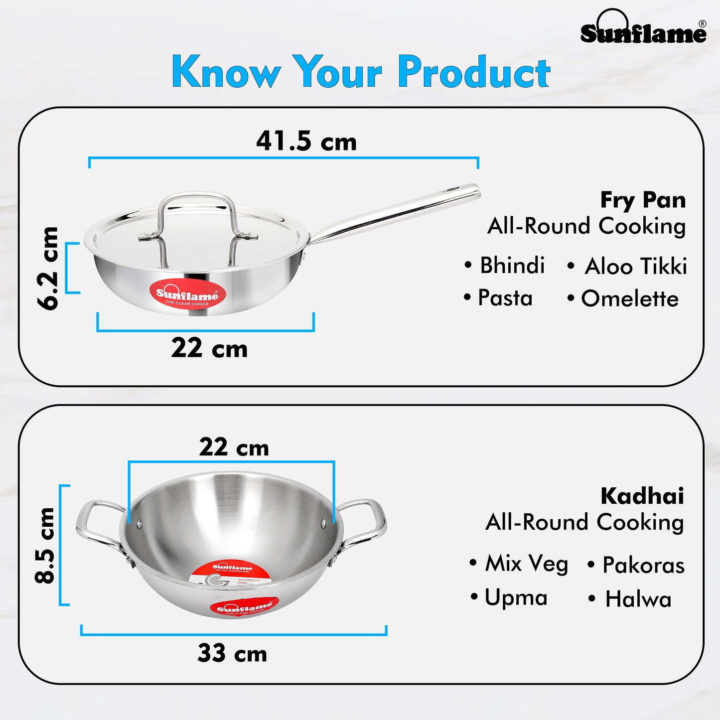 Triply Cookware 3 Pcs  Combo | Kadhai 22 cm, Fry Pan 22 cm, Stainless Steel Lid | Induction and Gas Stove Compatible