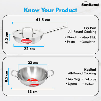 Triply Cookware 3 Pcs  Combo | Kadhai 22 cm, Fry Pan 22 cm, Stainless Steel Lid | Induction and Gas Stove Compatible