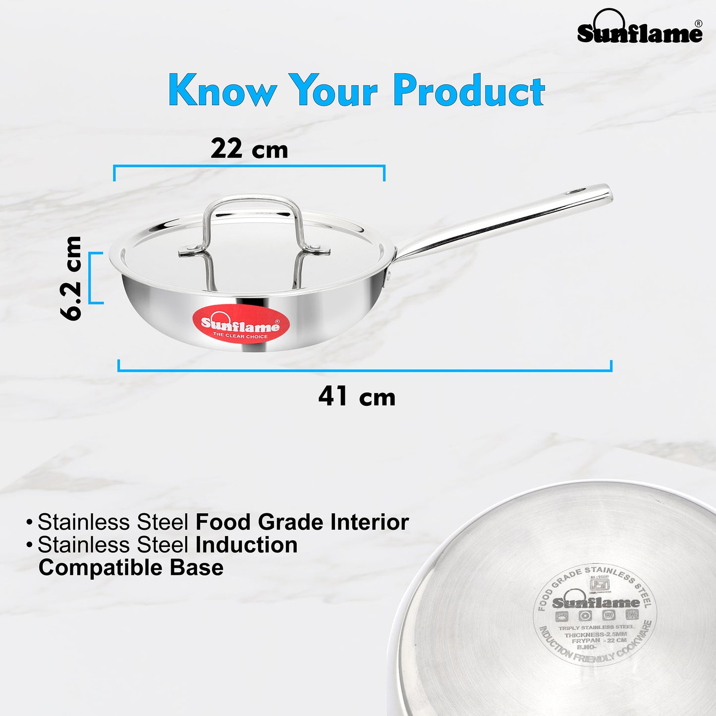 Triply Fry Pan with Stainless Steel Lid | 22 cm Diameter | Induction and Gas Stove Compatible