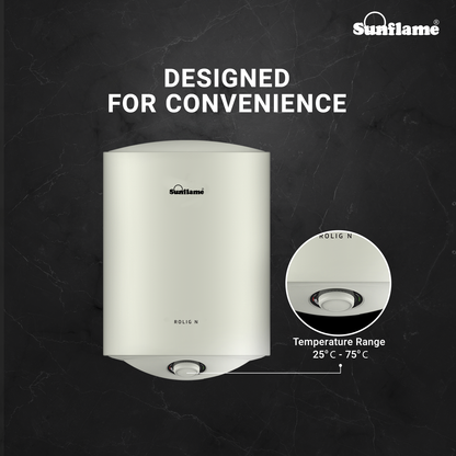 Sunflame Rolig N Geyser 25 Litre Wall Mount Water Heater for Home | 5 Star Rating | Vitreous Enamel Tank Coating | Advanced Multi-layered Safety | Suitable for Hard Water & High-rise Buildings | White