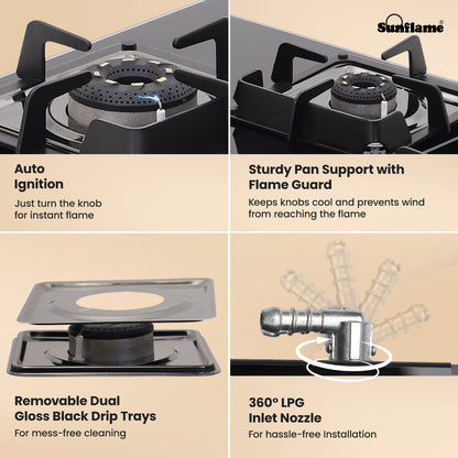 Ultra-Slim Black 4 Burner Countertop Hob 80 cm Wide | Italian SABAF Valve