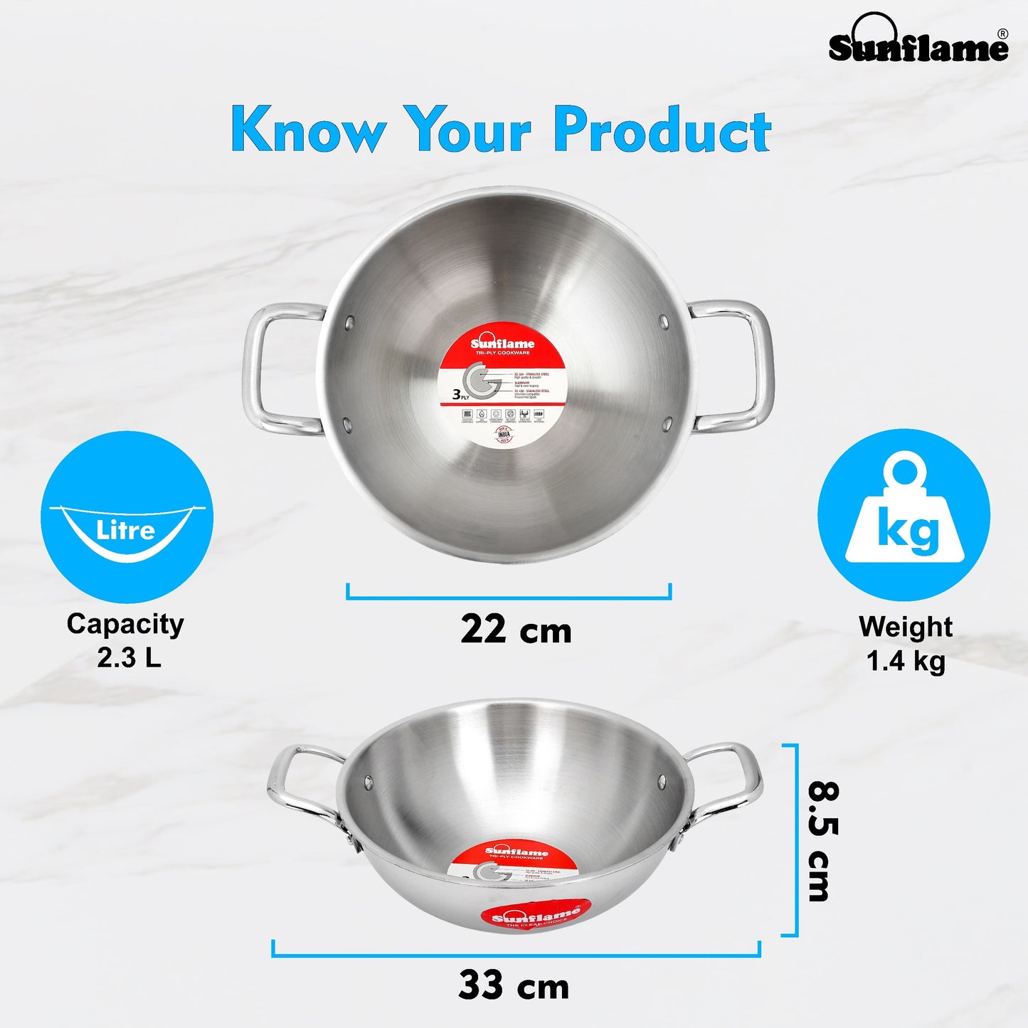 Triply Kadhai with Stainless Steel Lid | 22 cm Diameter | Induction and Gas Stove Compatible
