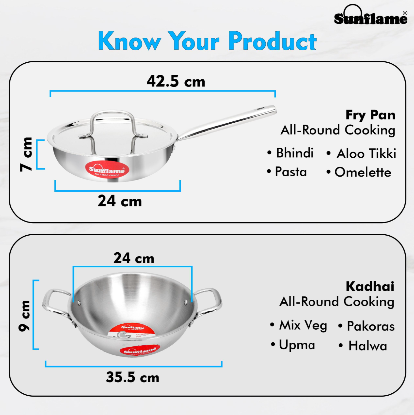 Triply Cookware 3 Pcs  Combo | Kadhai 24 cm, Fry Pan 24 cm, Stainless Steel Lid | Induction and Gas Stove Compatible