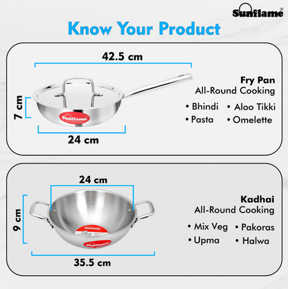 Triply Cookware 3 Pcs  Combo | Kadhai 24 cm, Fry Pan 24 cm, Stainless Steel Lid | Induction and Gas Stove Compatible