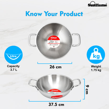 Triply Kadhai with Stainless Steel Lid | 26 cm Diameter | Induction and Gas Stove Compatible