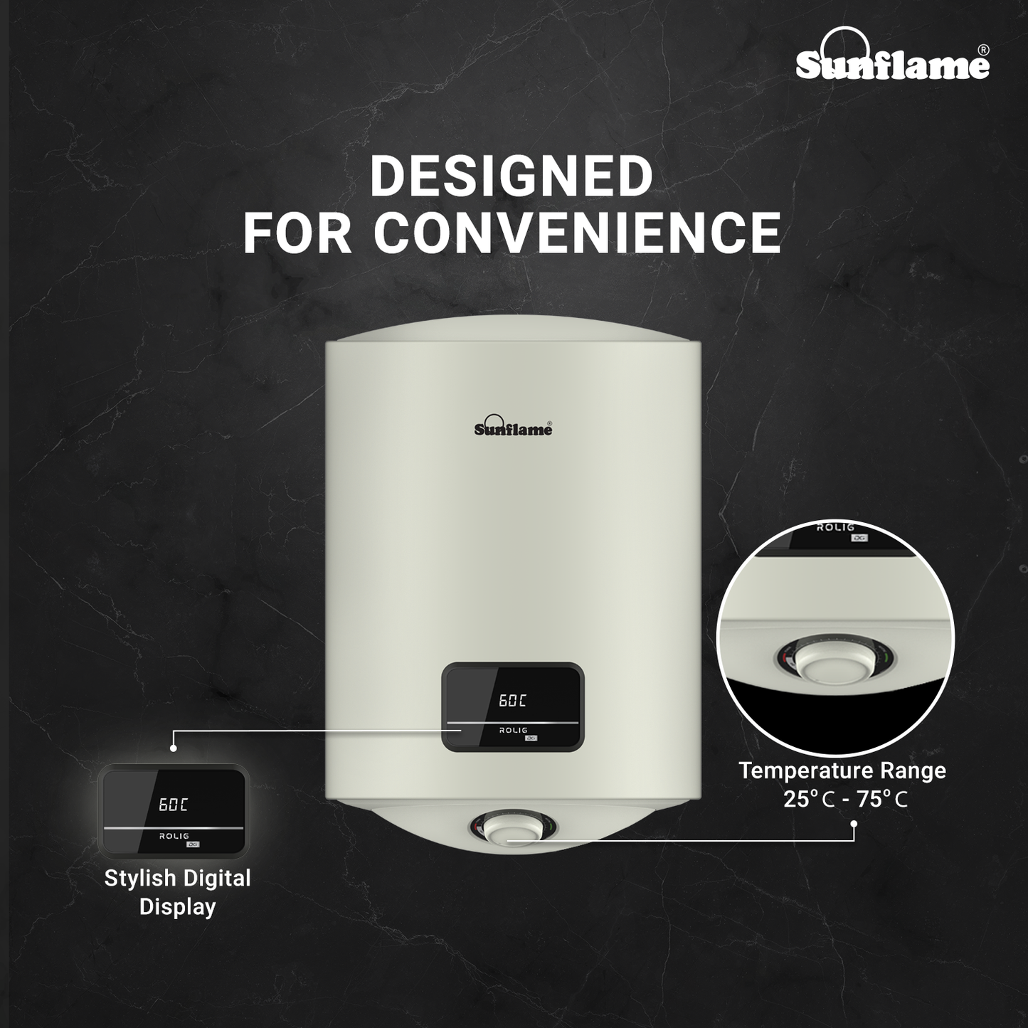 Sunflame Rolig DG Geyser 15 Litre Water Heater with Digital Display | Suitable for Hard Water | Energy Efficient 5 Star Rating | Advanced 4 layered Safety | 5 Year Inner Tank Warranty by Sunflame