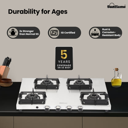 Sunflame 4 Burner Ultra-slim Stainless Steel Gas Stove 72 cm | Forged Brass Burners | 5-Year Warranty on Burners, SS Body & Valve by Sunflame | Auto Ignition | Pan Support with Flame Guard