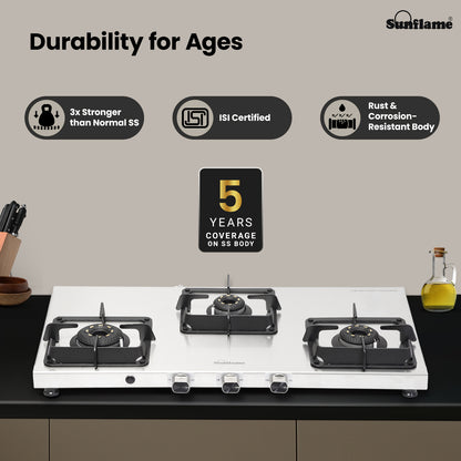 Sunflame 3 Burner Ultra-slim Stainless Steel Gas Stove 77 cm | Forged Brass Burners | 5-Year Warranty on Burners, SS Body & Valve by Sunflame | Auto Ignition | Pan Support with Flame Guard
