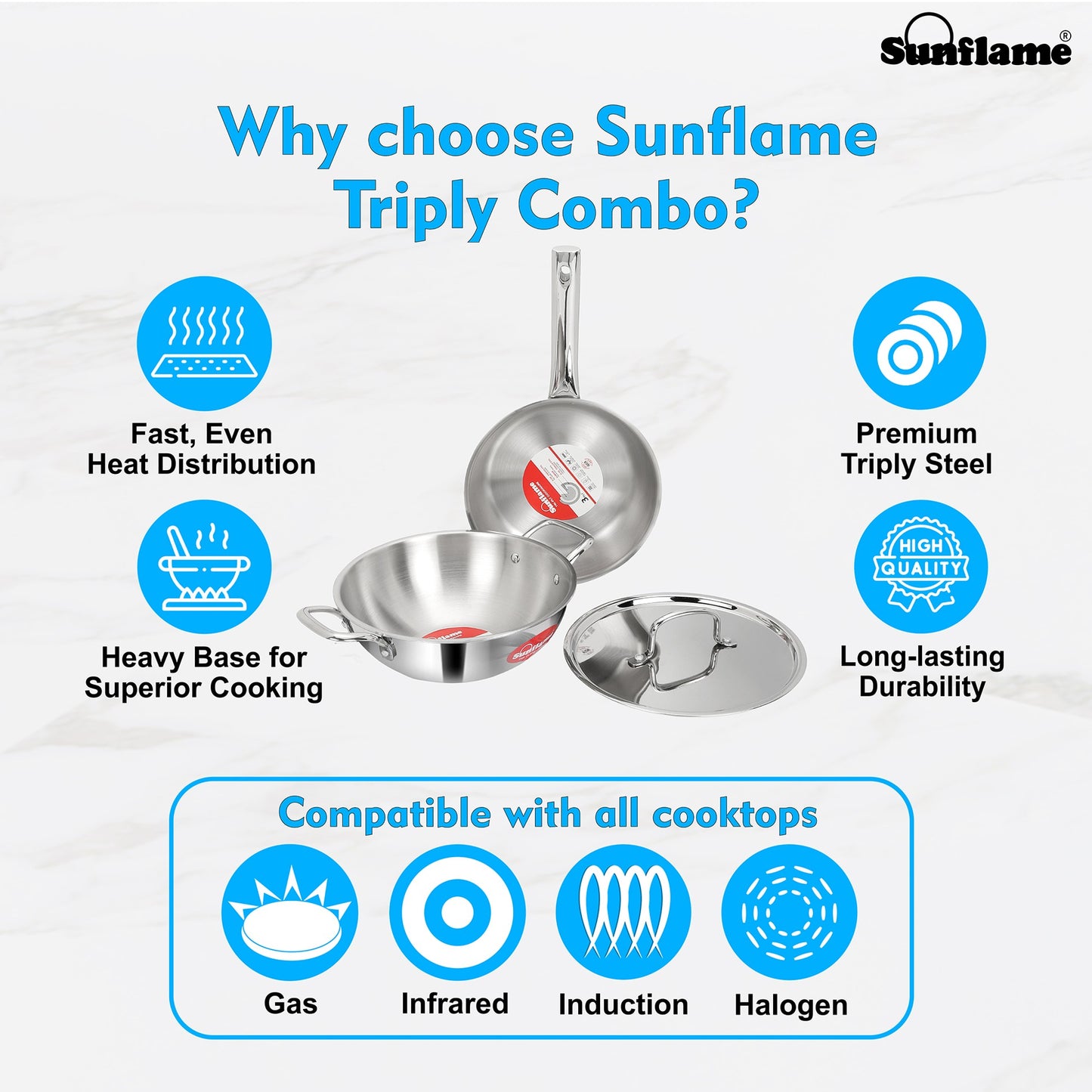 Triply Cookware 3 Pcs  Combo | Kadhai 22 cm, Fry Pan 22 cm, Stainless Steel Lid | Induction and Gas Stove Compatible