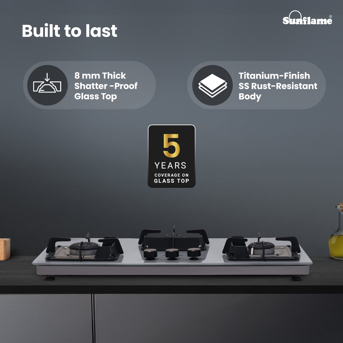 Ultra-Slim Grey 3 Burner Countertop Hob 80 cm Wide | Italian SABAF Valve