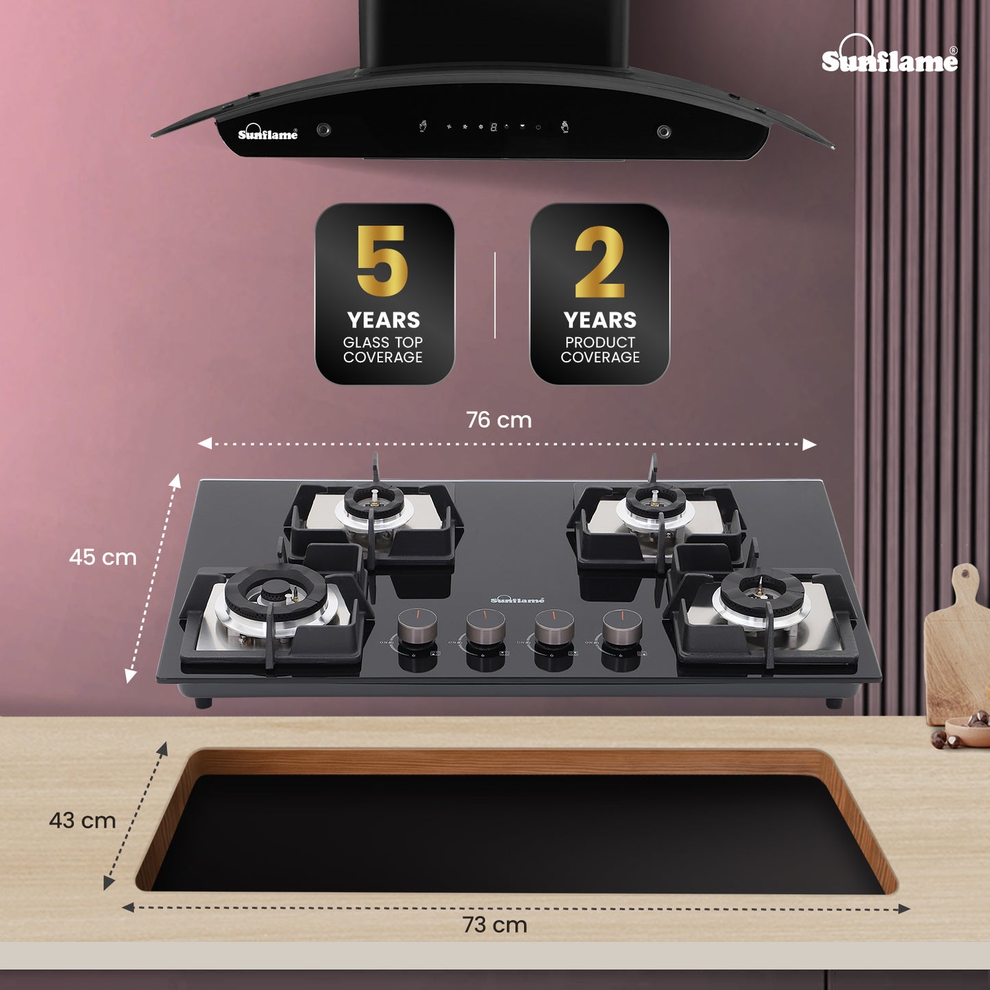 4 Burner Built-In & Countertop Flexi Hob 76 cm Wide | Flame Failure Detection