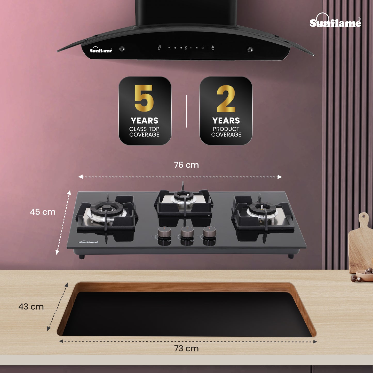 3 Burner Built-In & Countertop Flexi Hob 76 cm Wide |  Flame Failure Device