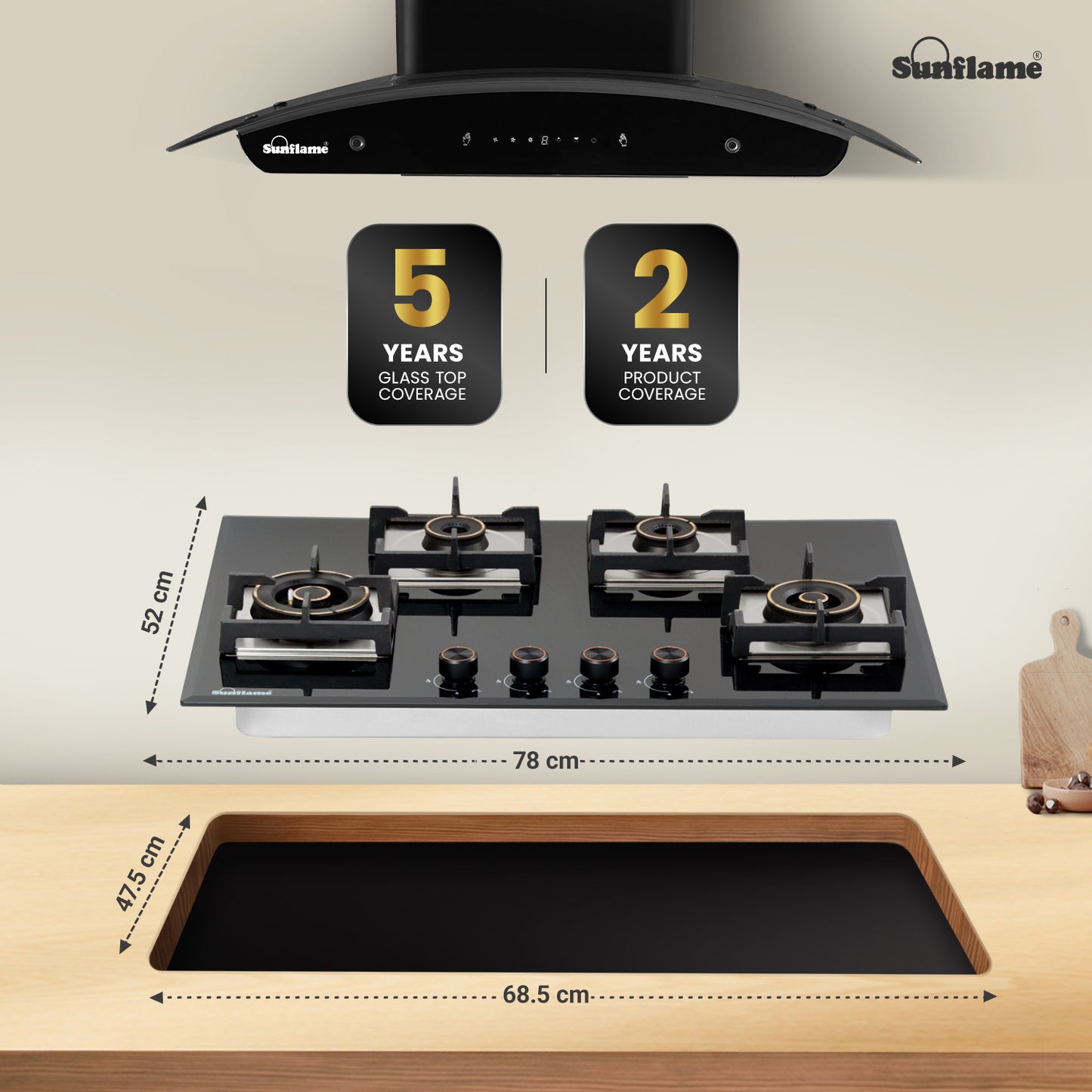 4 Burner Built-In & Countertop Flexi Hob 78 cm Wide | Bevelled Edges