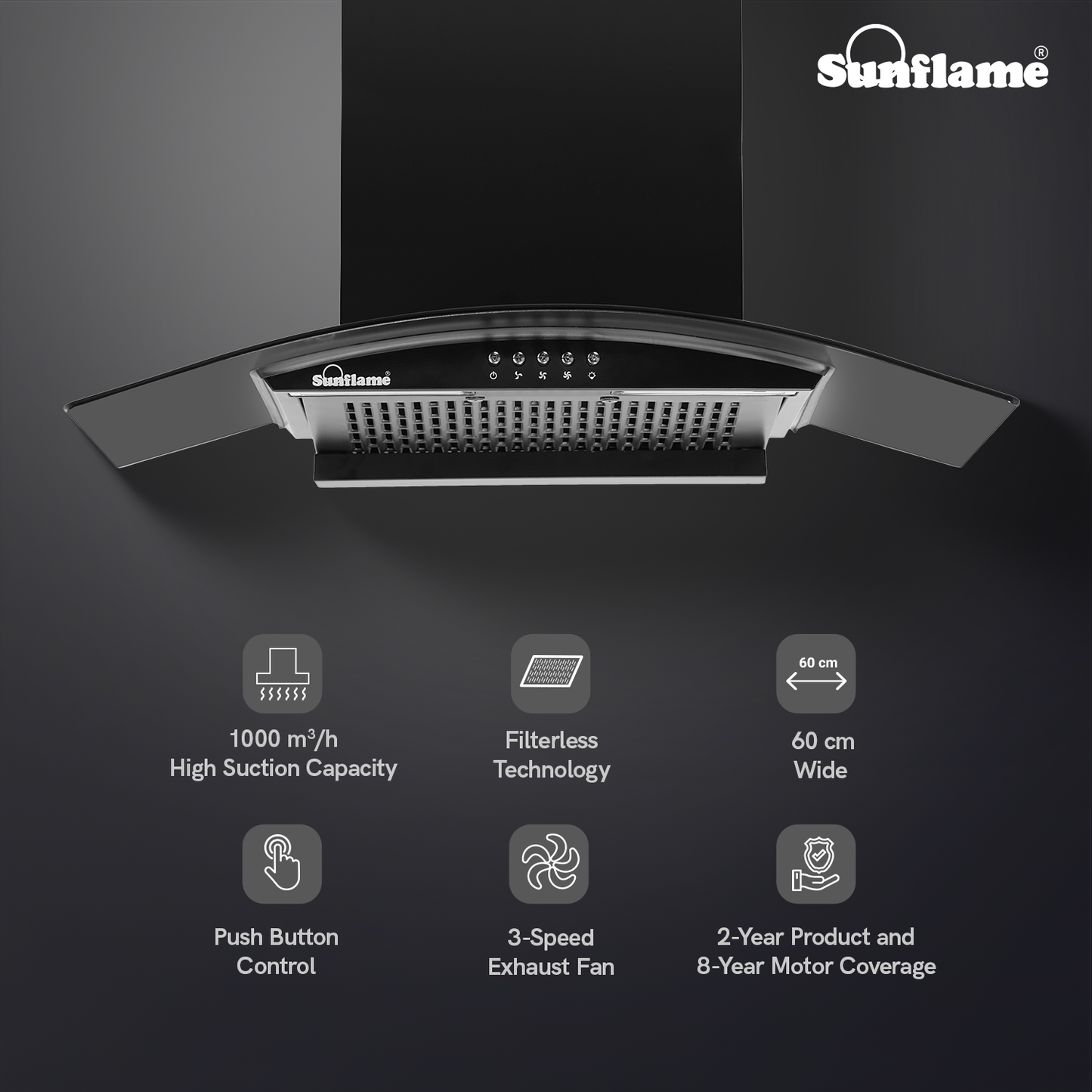 Sunflame Naples 60 cm Filterless Chimney | 1000 m³/h High Suction Capacity | 2-Year Product and 8-Year Motor Coverage by Sunflame | Push Button Control | 3-Speed Exhaust Fan | Dual LED Lights