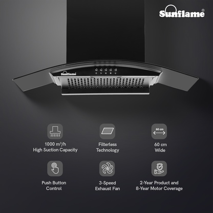 Sunflame Naples 60 cm Filterless Chimney | 1000 m³/h High Suction Capacity | 2-Year Product and 8-Year Motor Coverage by Sunflame | Push Button Control | 3-Speed Exhaust Fan | Dual LED Lights
