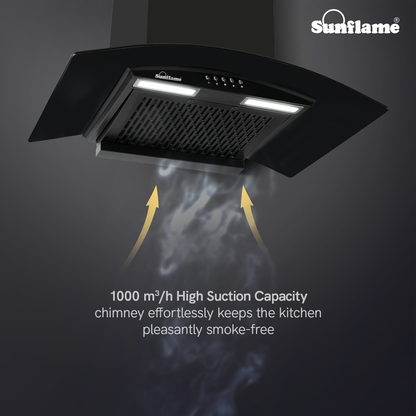 Sunflame Naples 60 cm Filterless Chimney | 1000 m³/h High Suction Capacity | 2-Year Product and 8-Year Motor Coverage by Sunflame | Push Button Control | 3-Speed Exhaust Fan | Dual LED Lights