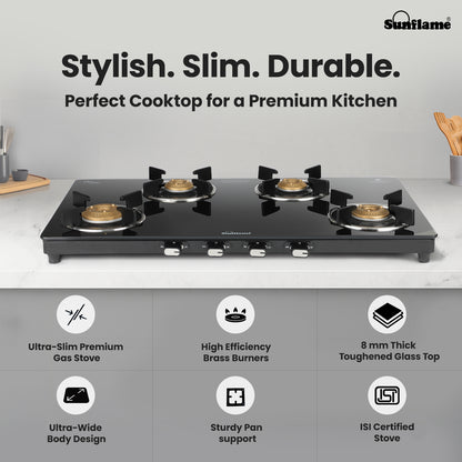 Zenial 4 Burner Slim Glass Top Gas Stove | 80 cm Wide | Toughened Glass Top