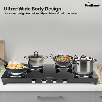 Zenial 4 Burner Slim Glass Top Gas Stove | 80 cm Wide | Toughened Glass Top