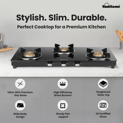Zenial 3 Burner Slim Glass Top Gas Stove | 75 cm Wide | Toughened Glass Top