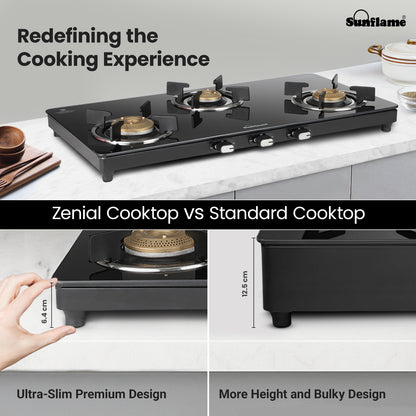 Zenial 3 Burner Slim Glass Top Gas Stove | 75 cm Wide | Toughened Glass Top