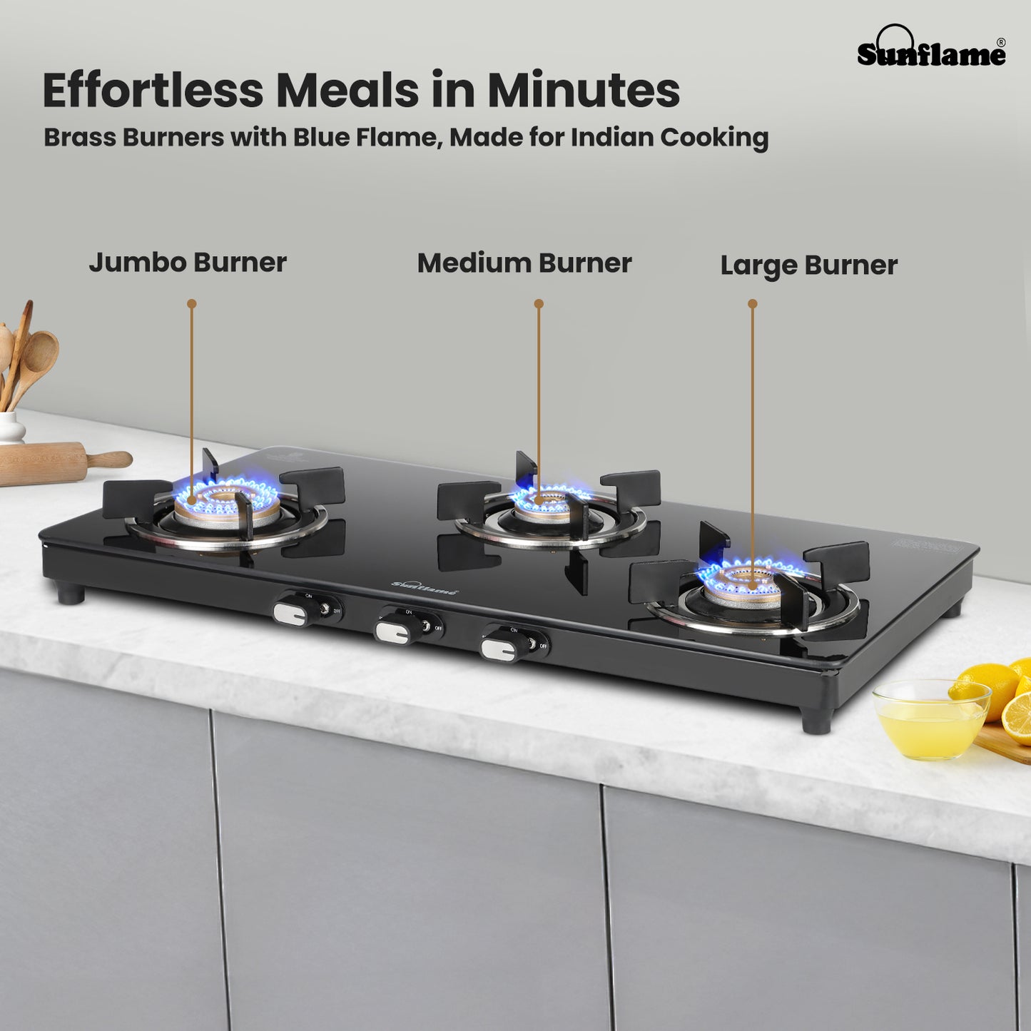 Zenial 3 Burner Slim Glass Top Gas Stove | 75 cm Wide | Toughened Glass Top