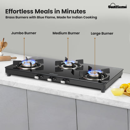 Zenial 3 Burner Slim Glass Top Gas Stove | 75 cm Wide | Toughened Glass Top