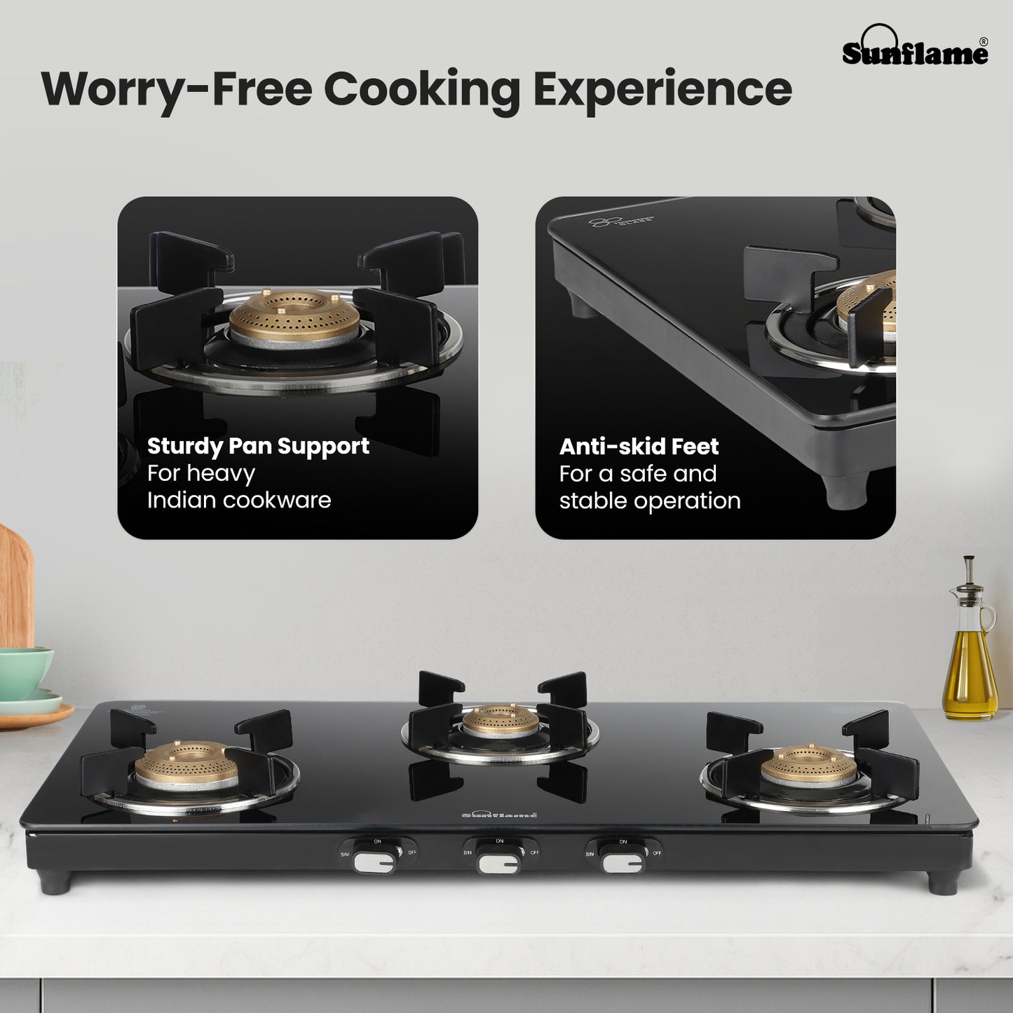 Zenial 3 Burner Slim Glass Top Gas Stove | 75 cm Wide | Toughened Glass Top