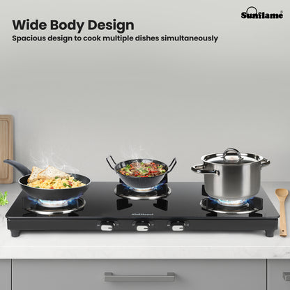 Zenial 3 Burner Slim Glass Top Gas Stove | 75 cm Wide | Toughened Glass Top
