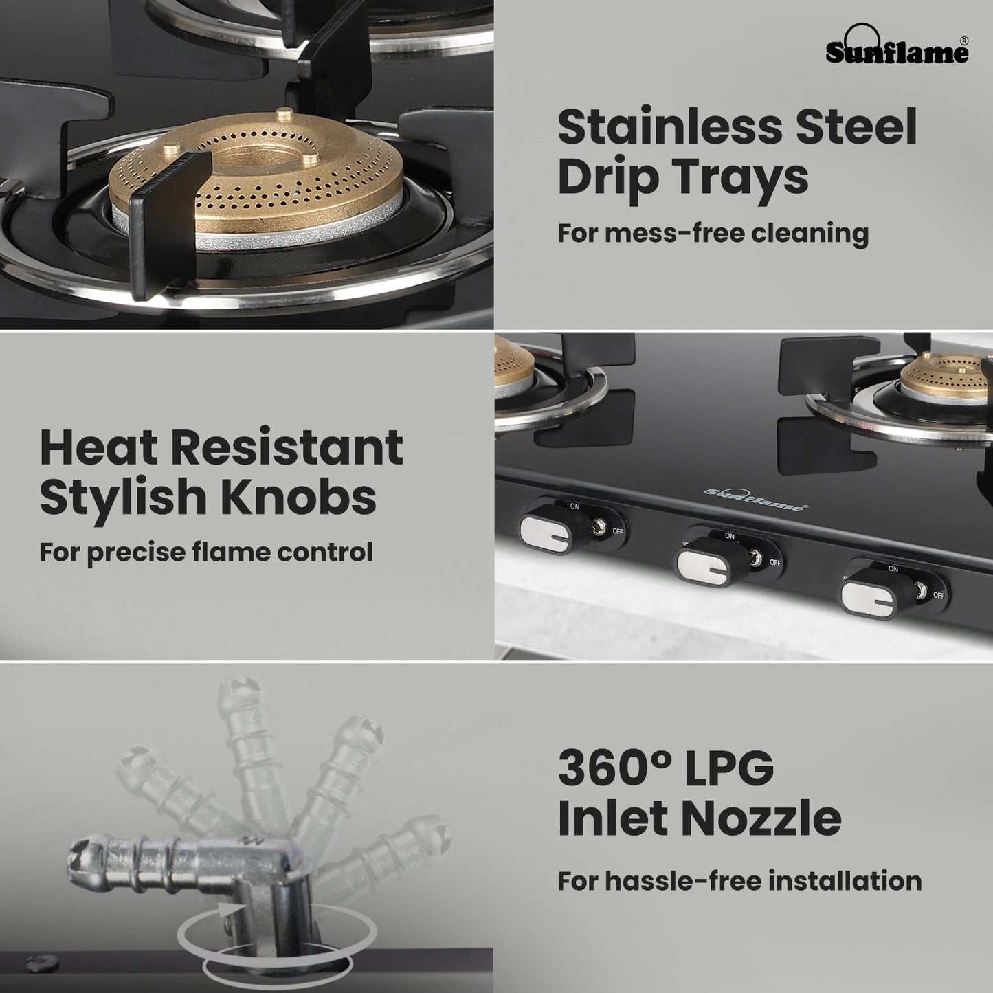 Zenial 3 Burner Slim Glass Top Gas Stove | 75 cm Wide | Toughened Glass Top