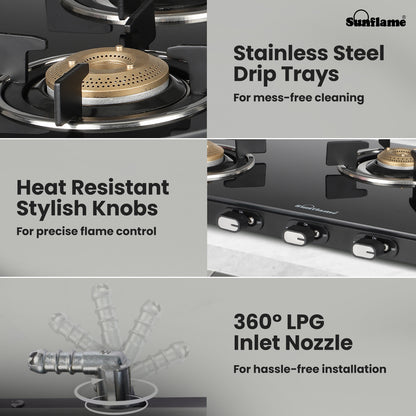 Zenial 3 Burner Slim Glass Top Gas Stove | 75 cm Wide | Toughened Glass Top