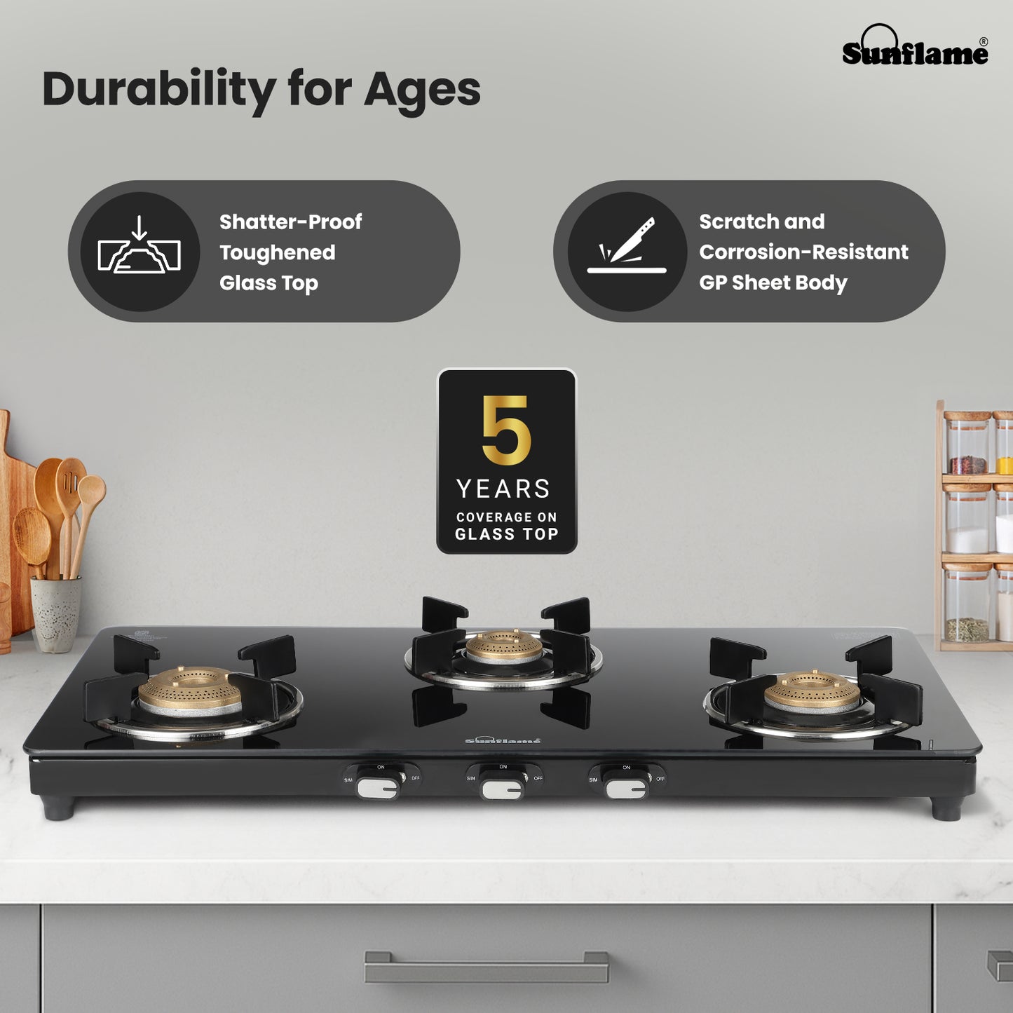 Zenial 3 Burner Slim Glass Top Gas Stove | 75 cm Wide | Toughened Glass Top