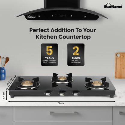 Zenial 3 Burner Slim Glass Top Gas Stove | 75 cm Wide | Toughened Glass Top