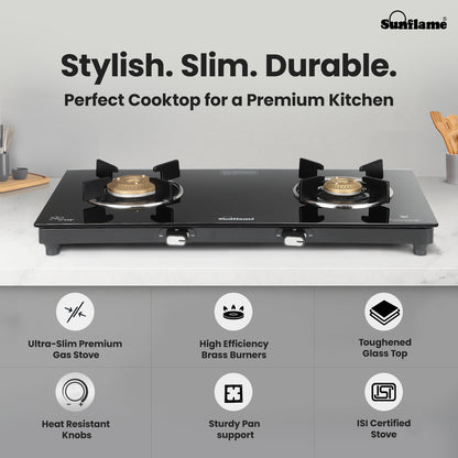 Zenial 2 Burner Slim Glass Top Gas Stove |80 cm Wide | Toughened Glass Top