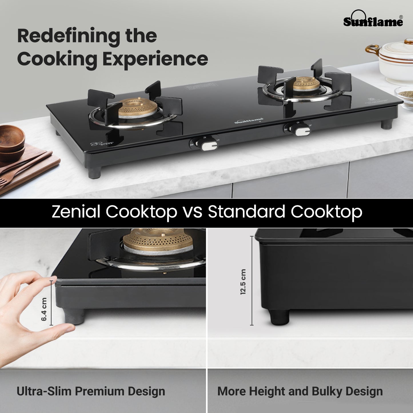Zenial 2 Burner Slim Glass Top Gas Stove |80 cm Wide | Toughened Glass Top