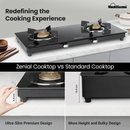 Zenial 2 Burner Slim Glass Top Gas Stove |80 cm Wide | Toughened Glass Top