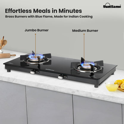 Zenial 2 Burner Slim Glass Top Gas Stove |80 cm Wide | Toughened Glass Top
