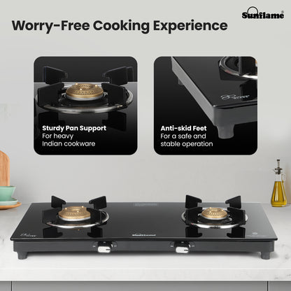 Zenial 2 Burner Slim Glass Top Gas Stove |80 cm Wide | Toughened Glass Top