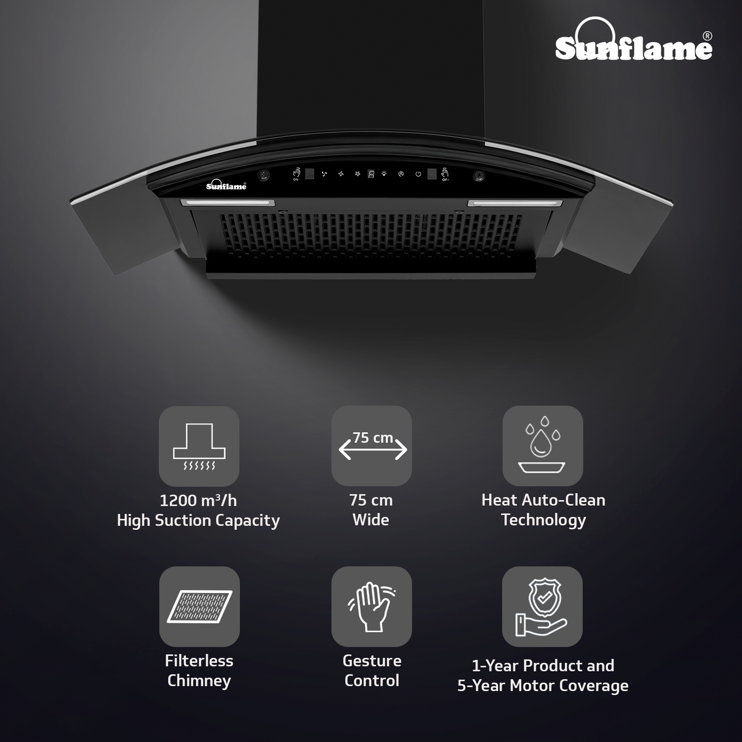 Sunflame Roma 75 cm Filterless Auto-Clean Chimney | 1200 m³/h High Suction Capacity