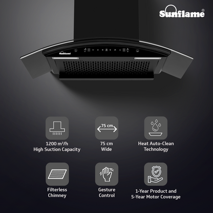 Sunflame Roma 75 cm Filterless Auto-Clean Chimney | 1200 m³/h High Suction Capacity
