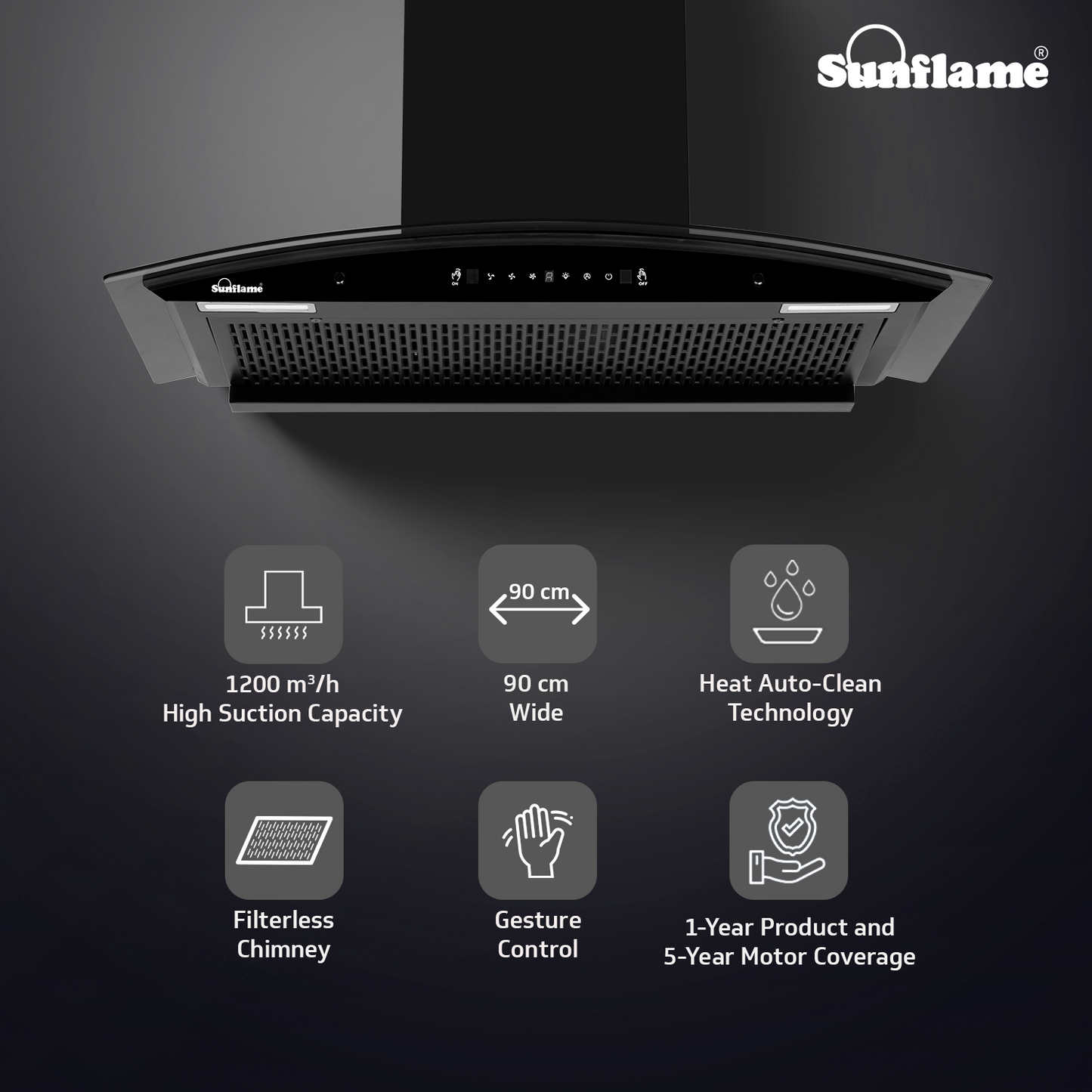 Sunflame Roma 90 cm Filterless Auto-Clean Chimney | 1200 m³/h High Suction Capacity