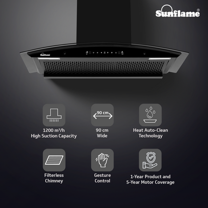 Sunflame Roma 90 cm Filterless Auto-Clean Chimney | 1200 m³/h High Suction Capacity