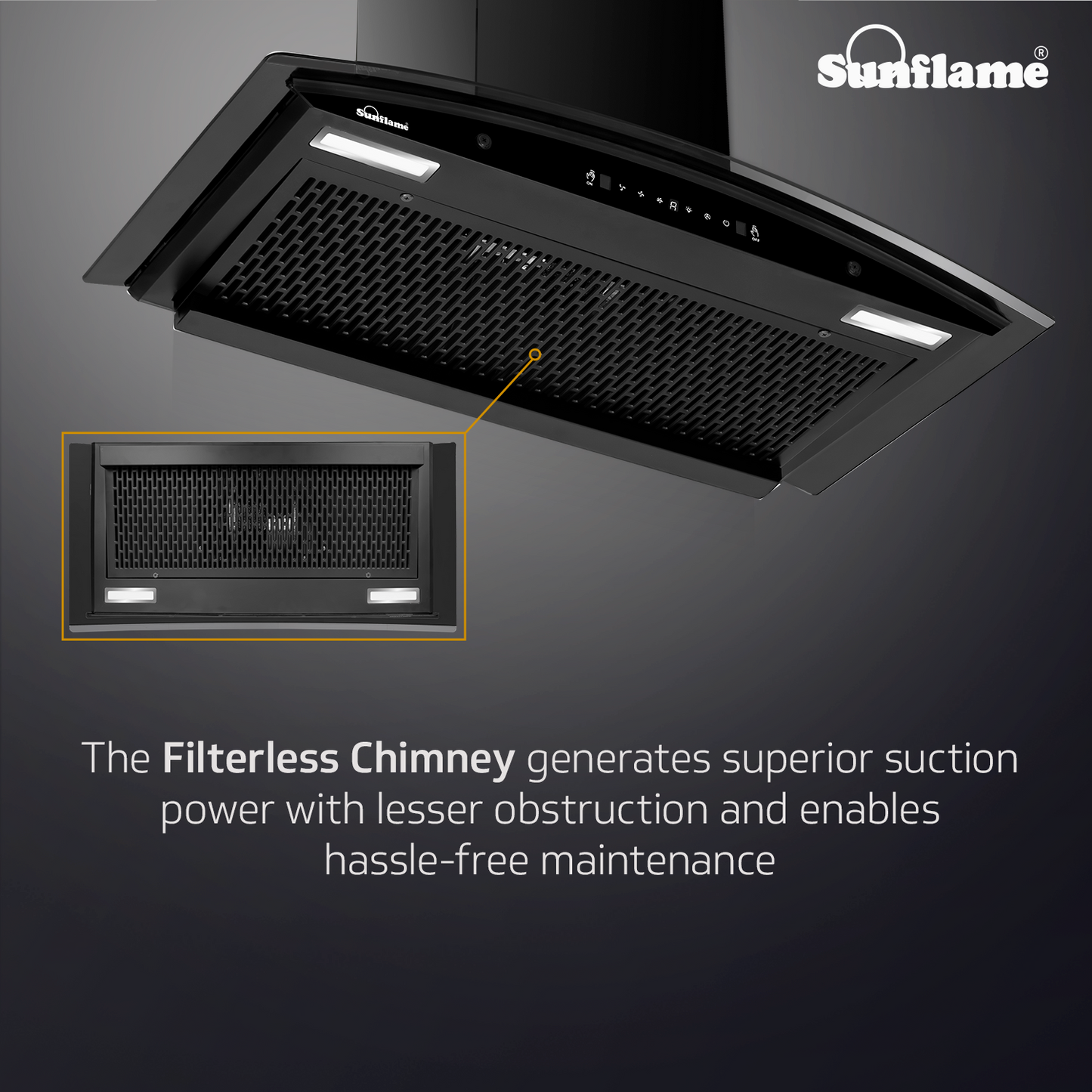 Sunflame Roma 90 cm Filterless Auto-Clean Chimney | 1200 m³/h High Suction Capacity