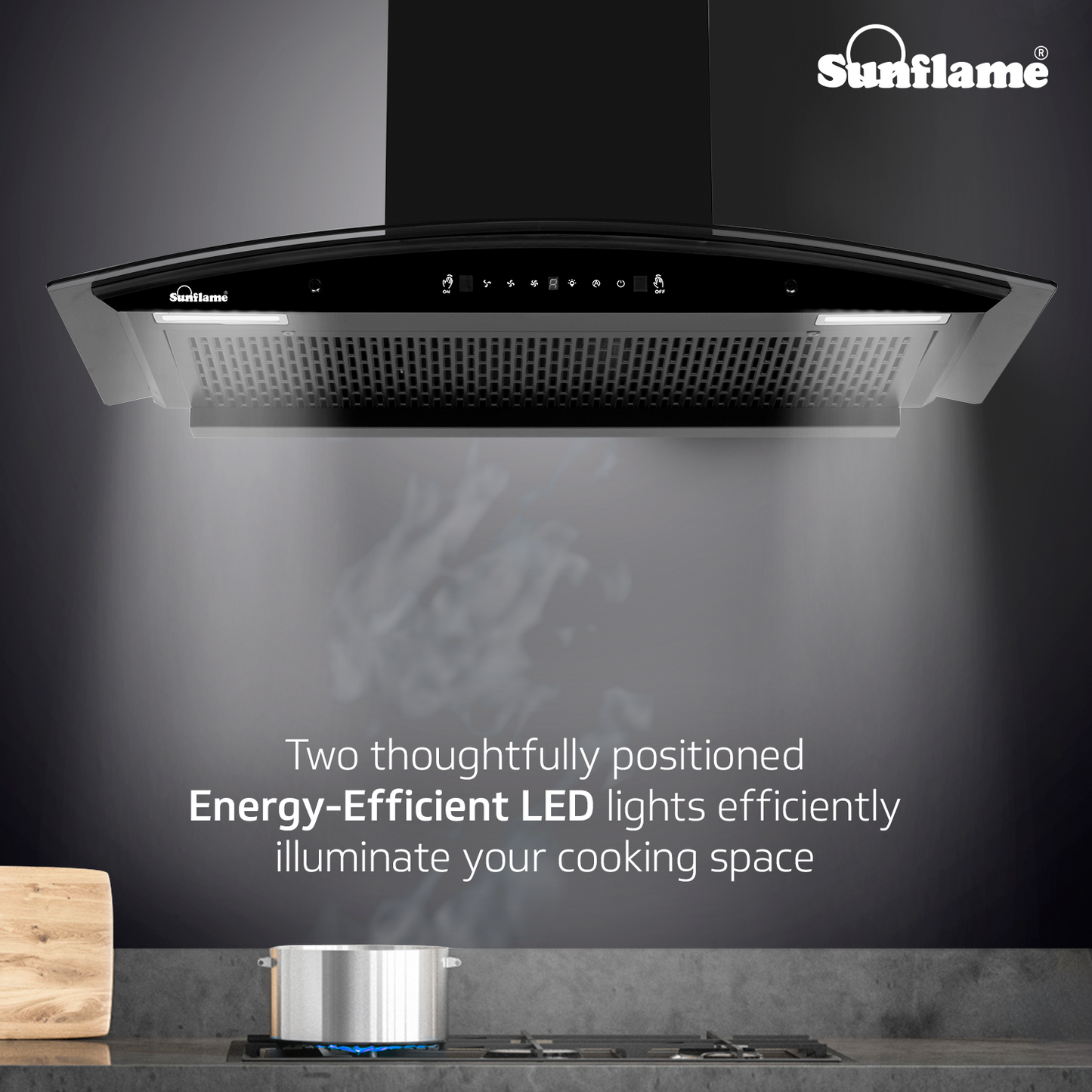 Sunflame Roma 90 cm Filterless Auto-Clean Chimney | 1200 m³/h High Suction Capacity