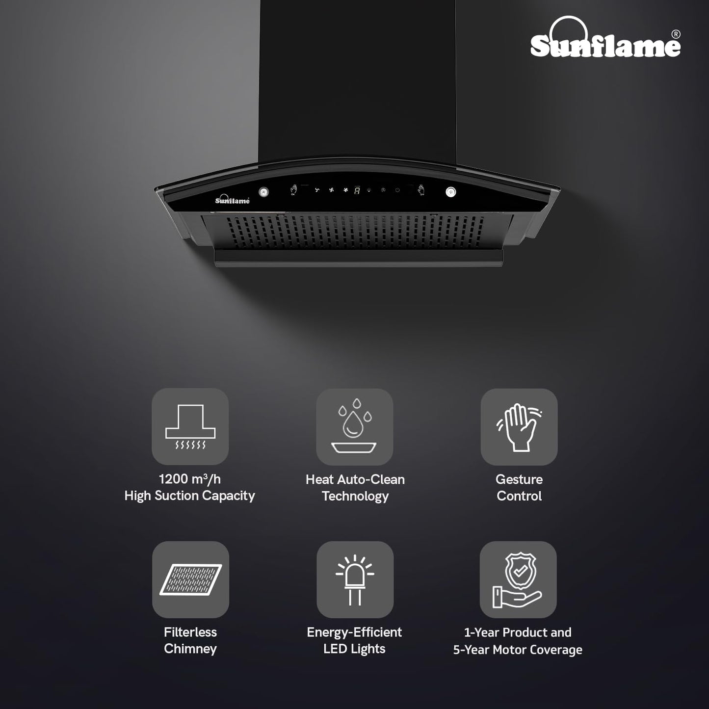 Roma High Efficiency Filterless Auto-Clean Chimney | 60 cm | 1200 m³/h Suction Capacity | Gesture Control with Touch Panel