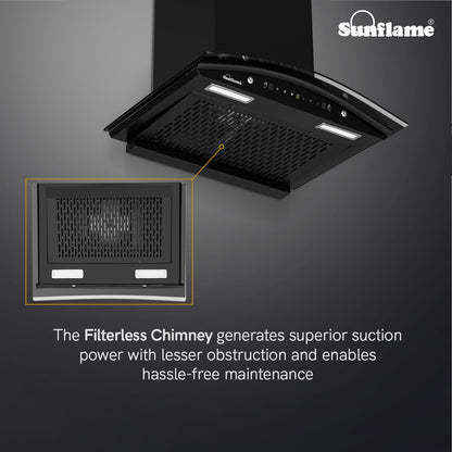 Roma High Efficiency Filterless Auto-Clean Chimney | 60 cm | 1200 m³/h Suction Capacity | Gesture Control with Touch Panel