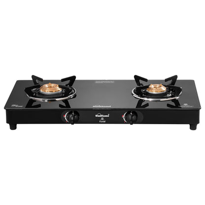 Crystal Nova 2 Burner Gas Stove | 1 Medium and 1 Small Brass Burners |Toughened Glass Top | Black