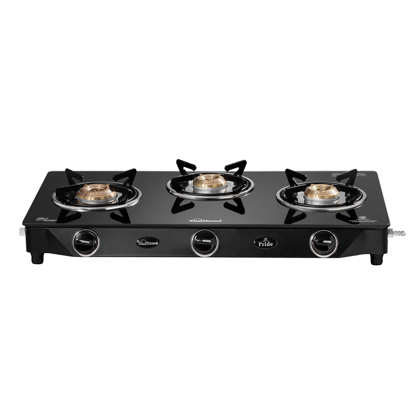 Pride 3 Burner Gas Stove | 1 Medium and 2 Small Brass Burners |Toughened Glass Top |Black